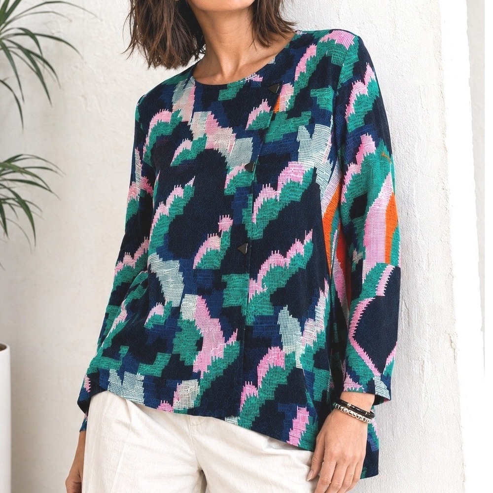 ELK Top Womens 2 Navy Blue Abstract Geometric Long Sleeve Button Neck Blouse